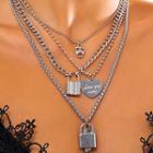Set Of 4: Mask / Heart / Lock Pendant Alloy Necklace 2834 - Set - Silver - One Size