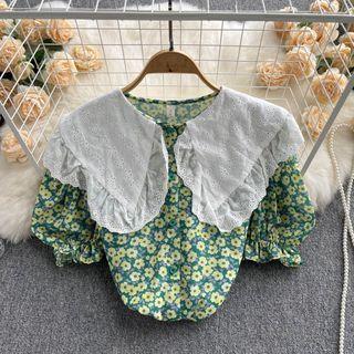 Puff-sleeve Peter Pan Collar Lace Floral Top Green - One Size