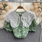 Puff-sleeve Peter Pan Collar Lace Floral Top Green - One Size