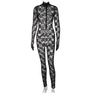 Long-sleeve Mock-neck Lace Skinny Jumpsuit