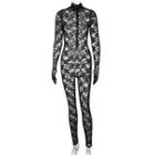Long-sleeve Mock-neck Lace Skinny Jumpsuit