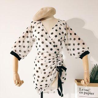 Elbow-sleeve Dotted Drawstring Mini A-line Dress White - One Size