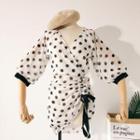 Elbow-sleeve Dotted Drawstring Mini A-line Dress White - One Size