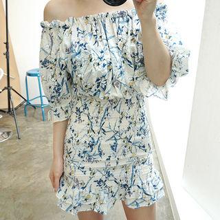 Off-shoulder Floral Pattern Smocked Mini Dress
