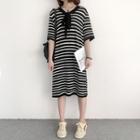 Striped Bow Tie Elbow-sleeve Knit Dress Black - One Size