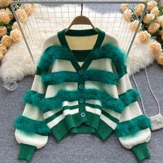 Fluffy Panel Striped Cardigan