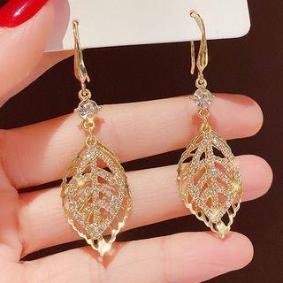 Leaf Rhinestone Alloy Dangle Earring Cs0248 - 1 Pair - Gold - One Size