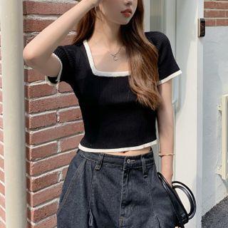 Short Sleeve Square Neck Contrast-trim Crop Knit Top