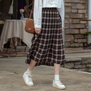 Plaid Midi A-line Skirt Plaid - Black & Gray - One Size