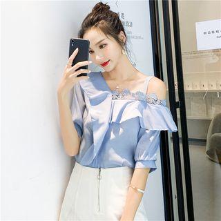 Asymmetric Cutout Shoulder Ruffle Chiffon Top