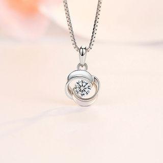 Flower Rhinestone Pendant Sterling Silver Necklace Xl0059 - Silver - One Size