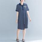 Short-sleeve Embroidered Striped Knit Dress Blue - One Size