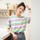 Short-sleeve Striped T-shirt Stripes - Purple & Green & Yellow - One Size