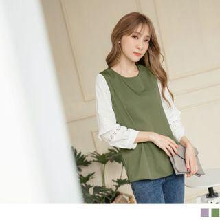 Crochet Panel Sleeve Round Neck Chiffon Top