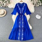 V-neck Embroidered Oversized Dress Blue - One Size