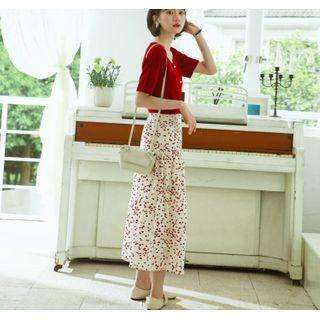 Buttoned Short-sleeve Knit Top / Floral Print Midi A-line Skirt