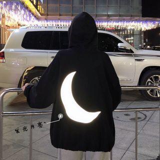 Reflective Moon Print Hooded Zip Jacket