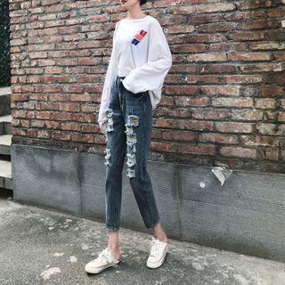 Distressed High-waist Cropped Straight Leg Jeans