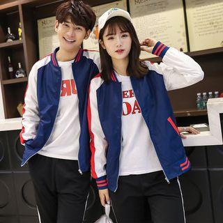 Couple Matching Fleece-lined Color-block Zip Jacket