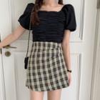 Puff-sleeve Plain T-shirt / Plaid Mini Skirt