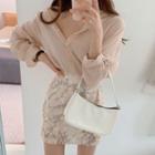 Long-sleeve Sheer Shirt / Floral Applique Fitted Mini Skirt