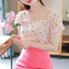 Sweetheart-neck Frilled Strawberry-patterned Blouse