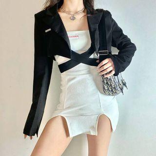 Crisscross Cropped Blazer / Slit Mini Sheath Dress
