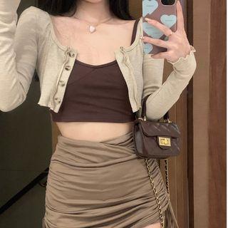 Crop Camisole Top / Drawstring Mini Pencil Skirt / Cardigan