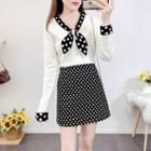 Dotted Mini A-line Skirt / Tie-neck Sweater / Set