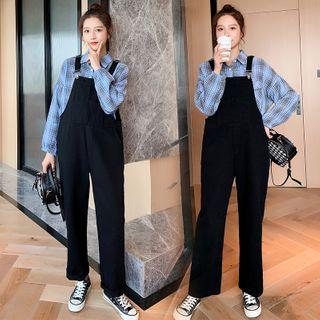 Long-sleeve Plaid Shirt + Straight-leg Jumpsuit