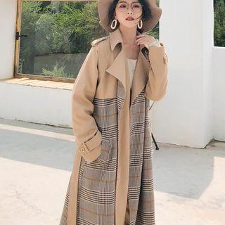 Double Breasted Plaid Long Coat Plaid - Coffee - M
