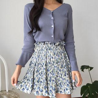 Set: V-neck Rib-knit Cardigan + Camisole Top