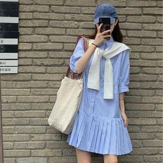 Set: Elbow-sleeve Pinstriped Shirt Dress + Shrug