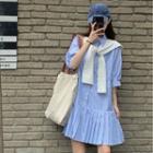 Set: Elbow-sleeve Pinstriped Shirt Dress + Shrug