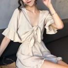 Ribbon Lace-up High-waist Jumpsuits Almond - One Size