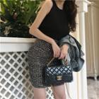 Distressed Denim Jacket / Plain Knit Tank Top / Sequined Pencil Skirt