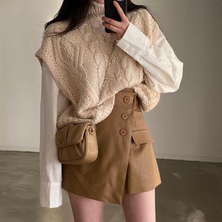 Shirt / Sweater Vest / Faux Leather Skort