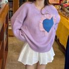 Long-sleeve Heart Printed Knit Sweater Purple - One Size
