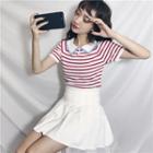 Short-sleeve Striped Knit Polo Shirt / Pleated A-line Mini Skirt