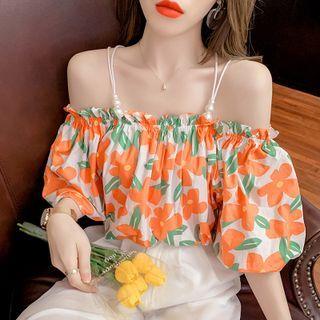 Puff-sleeve Cold Shoulder Floral Print Blouse