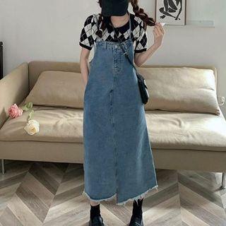 Fringed Hem Denim Midi Overall Dress