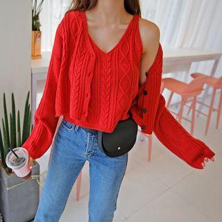 Set: Cable-knit Cardigan + Sleeveless Top