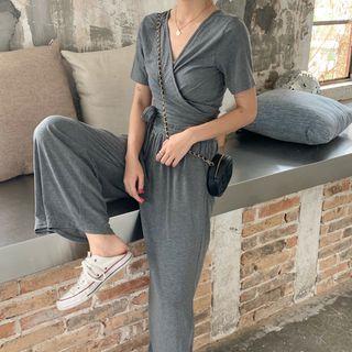 Set: V-neck Short-sleeve Slim-fit Top + Loose-fit Pants