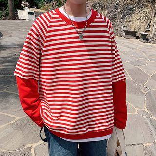 Panel Sleeve Round Neck Striped Pullover