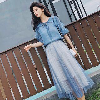 Ruffled Short-sleeve Top / Mesh Midi Skirt