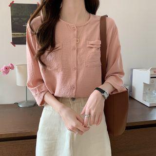 Plain Round-neck Elbow-sleeve Blouse