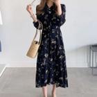 Floral Print Dress With Cord Navy Blue - One Size