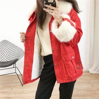 Detachable Faux Fur Collar Zip Jacket With Belt