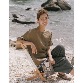 Lace-pocket Linen Blouse