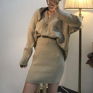 Set: V-neck Cardigan + Mini Pencil Skirt